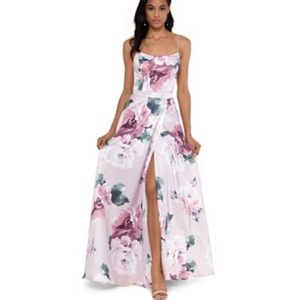Xscape Floral Print Satin Gown Evening Dress Sz.8